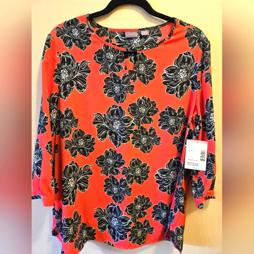 [NWT] Laura Scott Womens Large Pink w/ Black Floral Tunic Blouse Top 3/4 Sleeves